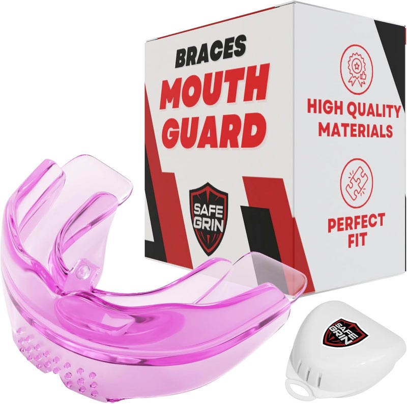 SAFE GRIN SafeGrin Pink Mouth Guard for Braces for Sports - Premium Silicone Teens & Youth Upper & Lower Teeth Protection for Sports - Football, Lacrosse, Hockey, Baseball - Image 1